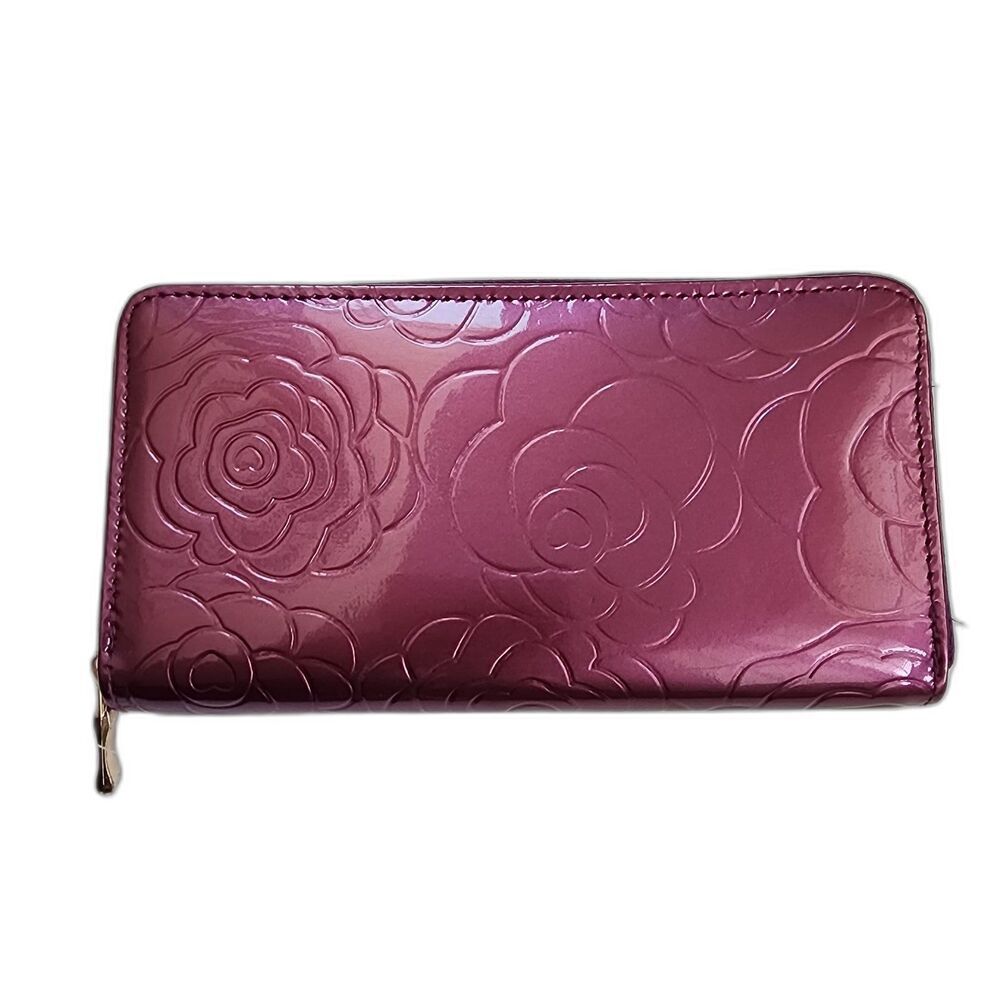 Sehra Collection Purple Floral Patent Leather Zip Around Clutch Wallet - Picture 2 of 7